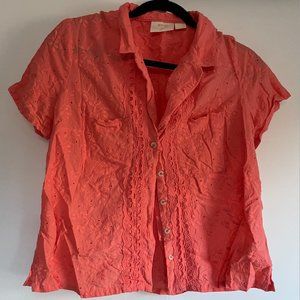 Coral Anthropologie Maeve Eyelet Surf Shirt